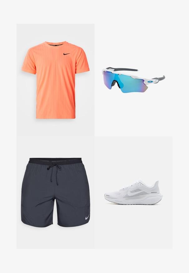 Camiseta deportiva de manga corta y cuello redondo en color coral brillante, con una tela texturizada y el logo de Nike en negro en la parte superior izquierda del pecho.; Pantalones cortos de running de Nike en gris oscuro, con una cintura elástica y un cordón de ajuste, además de un acento del logo plateado en la parte inferior de la pierna derecha.; Zapatilla deportiva blanca con parte superior de malla, sobrecapas de textura suave, acentos en gris, cordones y una suela acolchada diseñada para el rendimiento.; Gafas de sol con montura blanca, detalles grises y lentes espejados azules. Diseño deportivo, forma envolvente y almohadillas para la nariz ajustables.