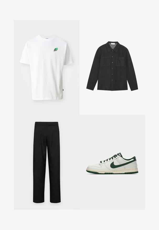 Λευκό βαμβακερό t-shirt με κοντά μανίκια, που διαθέτει ένα μικρό πολύχρωμο λογότυπο στο στήθος. Στρογγυλή λαιμόκοψη και χαλαρή εφαρμογή.; Σκοτεινό γκρι πουκάμισο από υφή υφάσματος, με κομψό γιακά, μπροστινά κουμπιά και δύο τσέπες στο στήθος. Μακριά μανίκια με κουμπωτούς καρπούς.; Μαύρο παντελόνι από λείο ύφασμα, με ίσια γραμμή, δύο μπροστινές πιέτες και κανονική μέση με θηλιές ζώνης.; Λευκό χαμηλό sneaker με σκούρο πράσινο σήμα Nike, κορδόνια και λεπτομέρειες στη σόλα, εμφανίζεται προφίλ σε λευκό απλό φόντο.