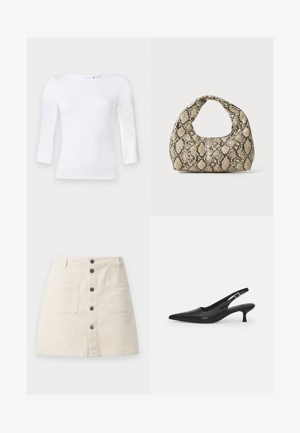 Blusa de manga longa branca com decote quadrado, feita de um tecido de algodão suave, apresentando mangas ajustadas e uma bainha ligeiramente curvada.; Saia mini de veludo cotelê bege com fecho de botão frontal, dois grandes bolsos aplicados e passantes para cinto na cintura.; Shoe slingback preta em pele com bico fino e um salto slim e curvado. Apresenta uma tira ajustável discreta com uma fivela de metal.; Bolsa com padrão de pele de cobra e uma alça curva. Feita de materiais texturizados em bege e castanho, apresentando um padrão de diamante distintivo.
