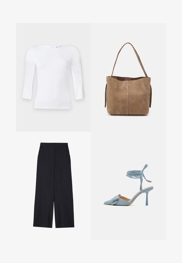 Long-sleeve white top with a square neckline, made of smooth cotton blend fabric, featuring fitted sleeves and a slightly curved hem.; Wide-leg trousers in dark navy fabric, featuring a smooth texture, front pleats, and decorative gold-tone eyelets on the side pockets.; Pointed-toe high heel shoe in light blue fabric with a textured finish, featuring a bow accent and ankle strap for secure fit.; Brown suede tote bag with a soft texture, open top, and a single shoulder strap. Features a smooth finish and minimal detailing.