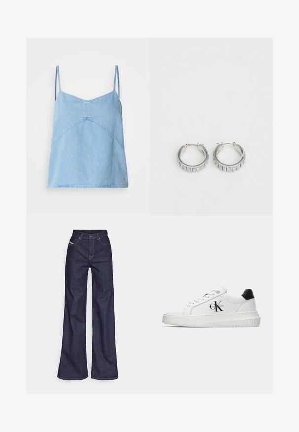 Hellblaues Denim-Camisole-Oberteil mit dünnen Trägern, V-Ausschnitt und geometrischen Nahtdetails. Weicher Stoff und leicht lockere Passform.; Dunkelblaue weite Jeans aus Denimstoff mit hoher Taille, ausgestattet mit orangefarbenen Nähten, fünf Taschen und einem Knopfverschluss.; Weiße Low-Top-Sneaker mit schwarzem Fersenpatch, Plateau-Sohle, Schnürsenkeln und Calvin Klein "CK"-Logo an der Seite.; Silberne Creolen mit texturiertem Design und vertikalen Rillen. Kreisförmige Form mit sicherem Verschluss. Glatte Oberfläche.