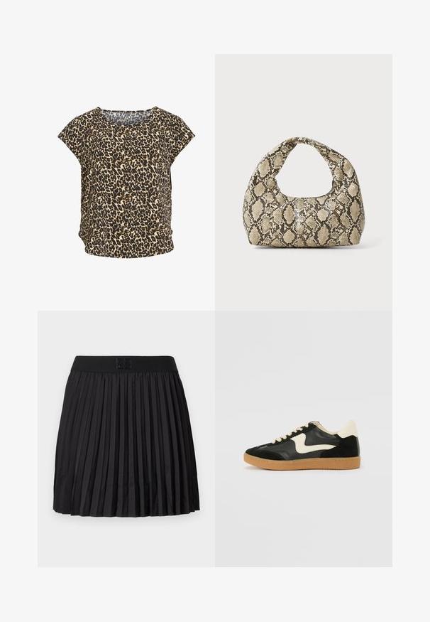 Top cu maneci scurte cu imprimeu leopard, în nuanțe de bej și negru, cu guler rotund și croială lejeră. Material moale, având un model distinct de animale.; Fustă plisată neagră cu o textură netedă, având un brâu solid negru și un detaliu cu logo în relief în față.; Tenisi din suede și piele negri cu un swoosh lateral de culoare crem și călcâi de un crem deschis. Prezintă șireturi bej și o talpă din rubber de tip gum.; Geantă cu imprimeu de șarpe, având un mâner curbat. Fabricată din materiale texturate, bej și maronii, cu un model distinctiv în formă de diamant.