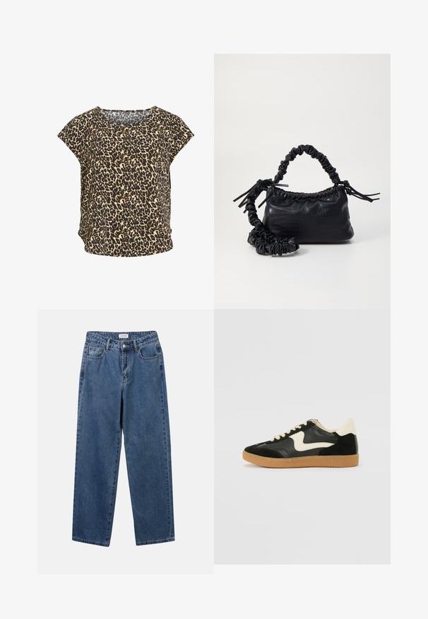 Top de mangas curtas com padrão de leopardo em bege e preto, com decote redondo e corte solto. Tecido suave, apresentando um padrão animal distinto.; Jeans de denim azul clássicos com um design de perna reta, cinco bolsos e fecho de botão. Apresenta um tratamento médio e uma textura resistente.; Sapatilha em camurça e couro pretos com um swoosh lateral em creme e um calcanhar em creme claro. Apresenta atacadores bege e uma sola de borracha tipo gum.; Bolsa de mão em couro sintético preto com textura de crocodilo, topo franzido e alça enrugada. Apresenta um design suave e compacto.