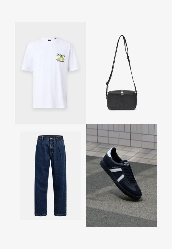 Un tricou alb din bumbac, cu mâneci scurte, având un grafic de lămâie verde și galben, cu textul "Limón Cítrico" imprimat în negru pe piept.; Jeans din denim albastru închis cu un design drept. Prezintă cusături vizibile, închidere cu buton și pliuri frontale pentru un detaliu suplimentar.; Sneaker din piele neagră cu dungi albe, talpă din cauciuc texturat și șireturi. Prezintă un eticheta de marcă pe limbă.; Geantă din piele neagră, tip crossbody, cu închidere cu fermoar, logo embosat pe față și curea ajustabilă. Textură netedă și formă rectangulară.