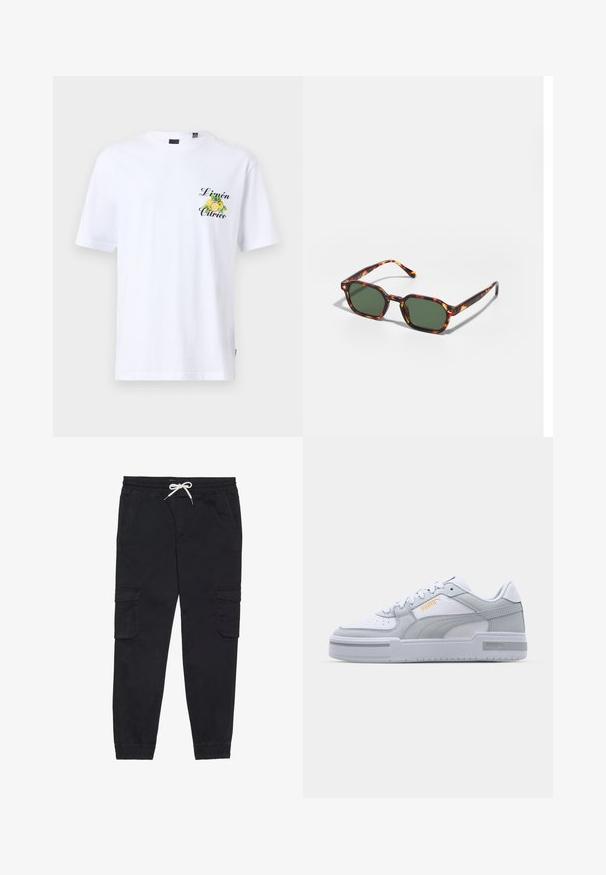 White cotton t-shirt with short sleeves, featuring a green and yellow lemon graphic with "Limón Cítrico" printed in black on the chest.; Black cargo pants made of cotton, featuring an elastic waistband with a drawstring, side pockets, and tapered cuffs.; Gray and white sneakers with smooth leather upper, perforated toe, lace-up closure, textured accents, and a subtle gold logo.; Tortoiseshell sunglasses with green lenses, featuring an octagonal shape and slim, curved arms. Material has a glossy finish.