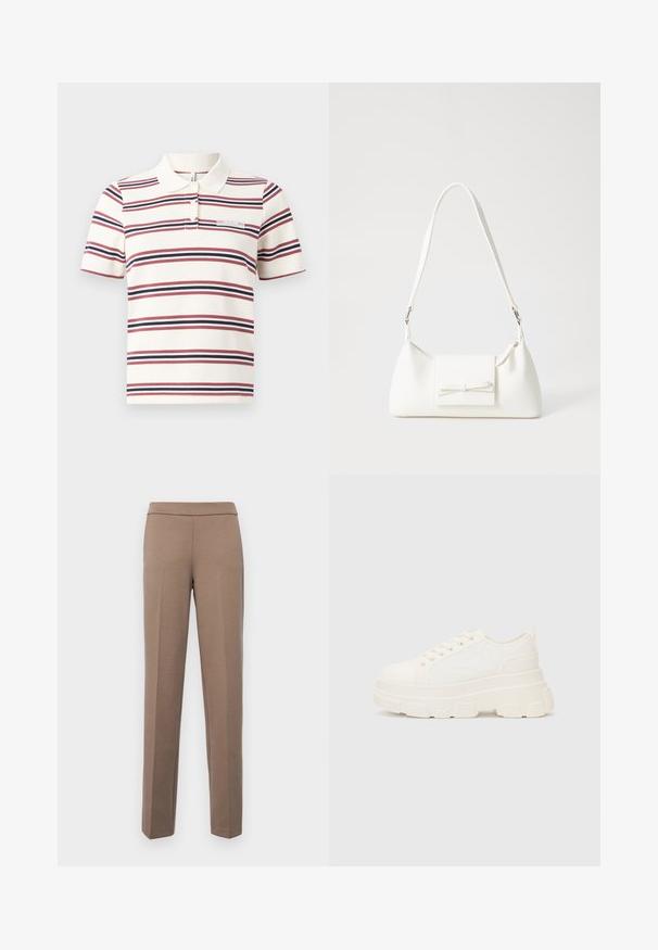Csíkos pólókrém színben, piros és tengerészkék vízszintes csíkokkal, klasszikus gallérral, rövid ujjakkal, és egy kis címkével, amely a "FEARLESS" feliratot viseli.; Barna, testhezálló nadrág sima, rugalmas anyagból. Egyenes szár és lapos derékrész látható fémrészletek vagy zsebek nélkül.; Fehér vászon sportcipő vastag talppal, lekerekített orral és öt fűzőlyukkal. Hátulján egy fül a könnyű felvétel érdekében. Simára kidolgozott textúra, minimális dizájn.; Fehér szintetikus kézitáska, háromszög alakú, lapos előlap, masni részlettel, állítható pánttal, sima textúrával és minimalista dizájnnal.