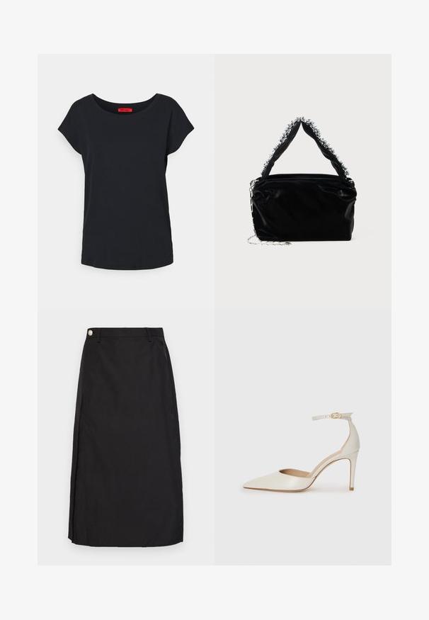MAX&Co. MALDIVE - Základné tričko - schwarz; Čierna sukňa po kolená vyrobená z hladkej tkaniny, s predným rozparkom a kovovým gombíkom ako akcentom na páse.; Biele kožené topánky na vysokom podpätku s špicatou špičkou, remienkom okolo členka a štíhlym stiletto podpätkom. Hladký povrch s jemným lesklým povrchom.; Čierna kabelka z umelého kože s textúrovaným povrchom, s perlovým strieborným akcentom pozdĺž vrchnej rukoväte a reťazovým popruhom.