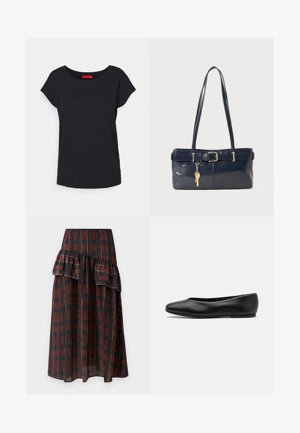 MAX&Co. MALDIVE - Navadna majica - schwarz; Maxi krilo v temno rdeči in črni karirasti vzorec, z večplastnimi naborki na pasu, izdelano iz lahkega blaga z mehko teksturo.; Paul Smith TOPANGA - Balerinke - black; Mornarska usnjena torbica z dvema dolgima ročajema, dodatkom z zaponko in pritrjeno ključavnico. Ima gladko teksturo in pravokotno obliko.