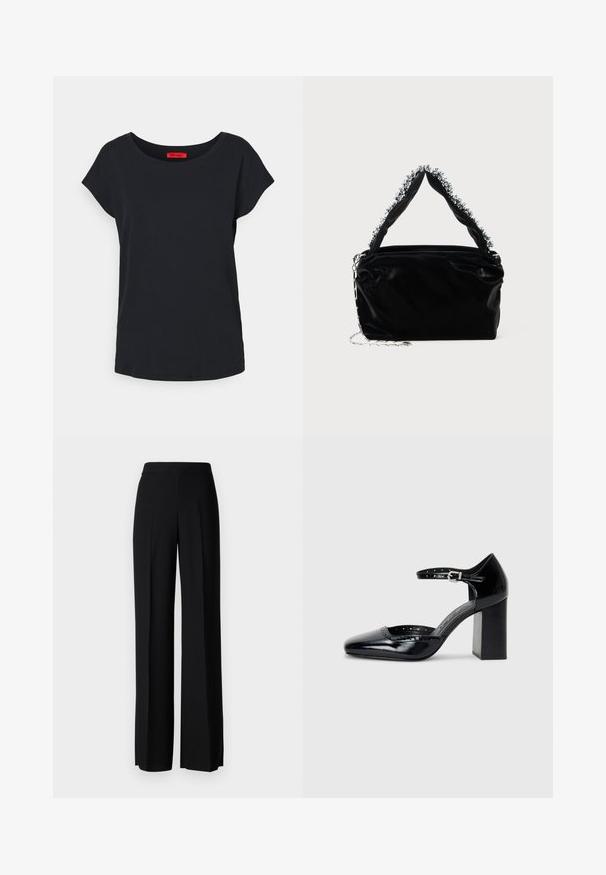 MAX&Co. MALDIVE - T-shirts - schwarz; Sorte vidde bukser med en glatt tekstur, med høy midje og sentrale folder. Ingen synlige mønstre eller maskinvaredetaljer.; Sorte lakk lær høye hæler med firkantet tå, ankelrem og chunky hæl. Inkluderer perforerte detaljer langs kanten.; Svart veske i faux lær med tekstur, med en perlet sølvdetalj langs det øverste håndtaket og en kjede-rem.