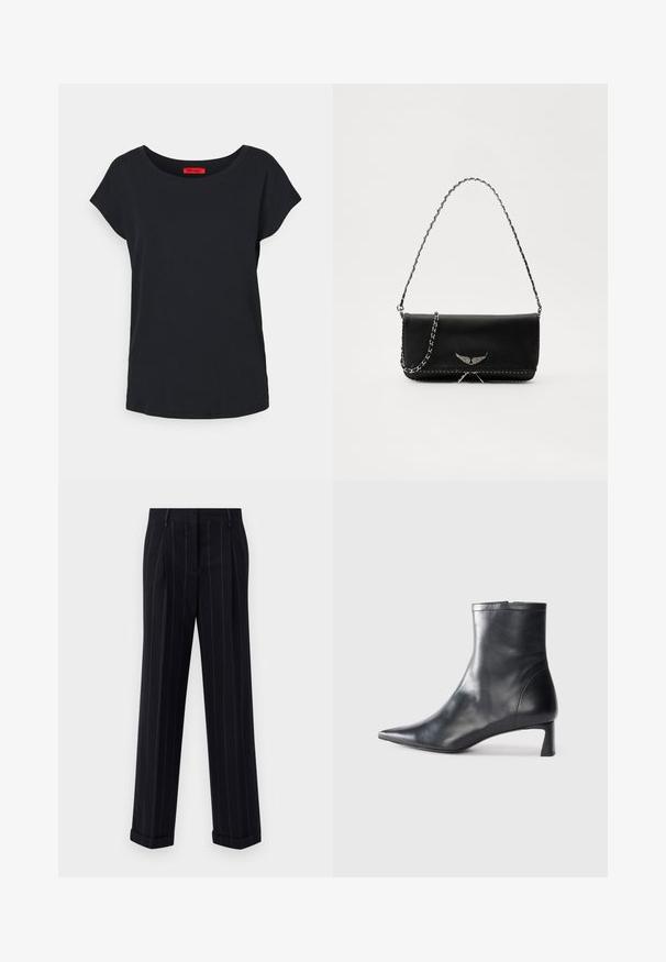 MAX&Co. MALDIVE - Basic póló - schwarz; Fekete csíkos nadrág, testre szabott fazonnal, cuffolt szegéllyel és elülső redőkkel. Sima anyagból készült, strukturált kialakítással.; Fekete bőr bokacsizma hegyes orral és letisztult dizájnnal. Alacsony sarka és hátsó cipzáras záródása van. Simának tűnő textúra.; Fekete bőrtáska ezüstlánc pánttal, díszes szárnyakkal és fehér varrással az alsó varrat mentén.
