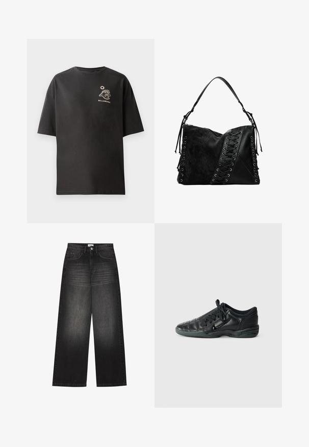 Must t-särk lühikeste varrukatega, millel on rinnal väike valge Billabongi logo ja grafika. Valmistatud pehmest puuvillast, kerge ja mugava lõikega.; YOURTURN UNISEX - Baggy fit teksad - black denim; Must musta spordijalats, millel on kohandatud õmblustega disain, ümar varvas, kinnitusköidik ja kummitald. Küljel on peen brändimine.; Desigual Ülerinna-kott - black; Hõbe kaelakee, millel on peen ahel ja ovaalne ripats, mis sisaldab keerukat kavandit ning väikest vääriskivi aktsenti.