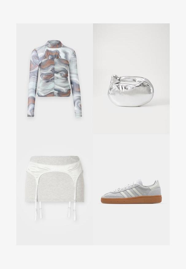 Long-sleeve, fitted top in a marbled pattern with shades of gray, white, and brown. Features a high neckline and gathered detailing at the front.; Grey cotton fabric garment with a satin white waistband and four adjustable ribbons for garter purpose. Smooth texture, fitted design.; Light grey suede sneaker with white leather accents, three white stripes, and a brown rubber sole, featuring a padded collar for comfort.; Silver metallic pouch bag with a soft, rounded shape and a knotted top closure. Made from smooth faux leather material.; Silver hoop earrings with a twisted design, featuring a polished finish and post-back closure. Measure approximately 3 cm in diameter.