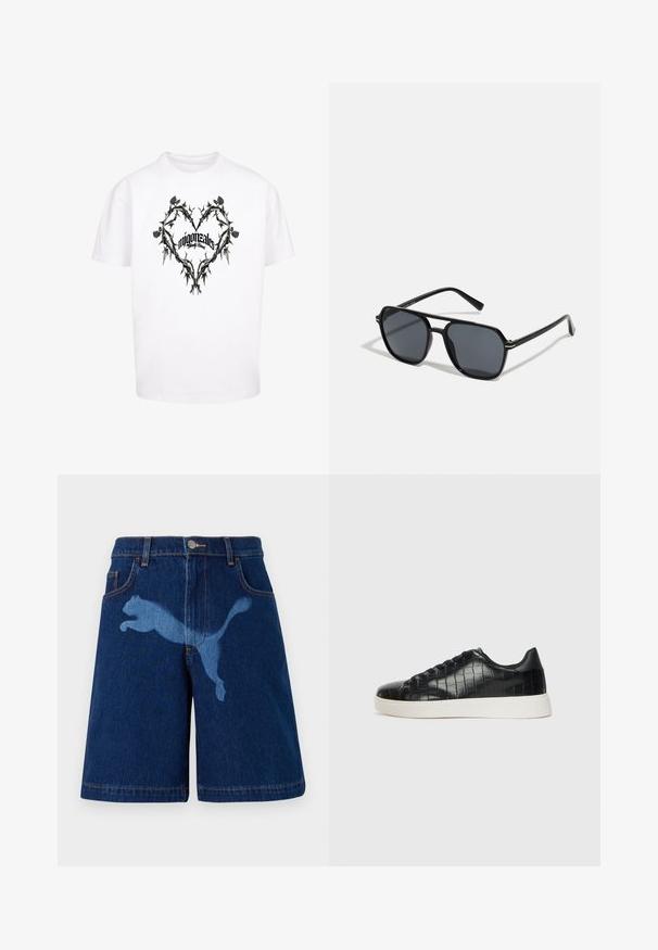 Balta marškinėliai su juoda šaka ir lapu formuojančia širdies dizainą, centre esant tekstui "migonztales" ir "Family Blessed" stiliuota rašyba.; Tamsiai mėlyni džinsiniai šortai, kuriuose pavaizduotas šviesiai mėlynas šuoliuojančio katės siluetas. Klasikinis dizainas su penkiomis kišenėmis ir matomomis siuvimo detalėmis.; Juodi sportiniai batai su tekstūruotu krokodilo odos pamušalu, apvalia kojų dalimi ir kontrastinga balta guma su lygiu paviršiumi.; Juodos akiniai nuo saulės su aštuonkampiu rėmeliu, tamsiais objektyvais, blizgiu paviršiumi, plonomis šakutėmis ir auksinėmis akcentais priekyje.