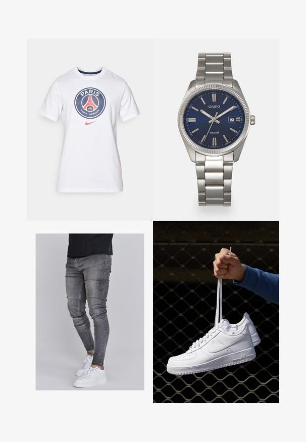 Witte katoenen t-shirt met een cirkelvormig Paris Saint-Germain logo in blauw, rood en geel, met een klein rood Nike swoosh. Korte mouwen.; Skinny jeans in vervaagd grijs denim, met versleten details op de knieën, gecombineerd met witte sneakers. Gladde textuur, slank model.; Witte leren sneakers met perforaties, ronde neus, vlakke zool en dikke veters, met een zichtbare swoosh-logo en "AIR" op de hiel.; Zilveren roestvrijstalen horloge met een marineblauwe wijzerplaat, metalen uurmarkeringen en een datumnis op 3 uur. Waterbestendig tot 50 meter.