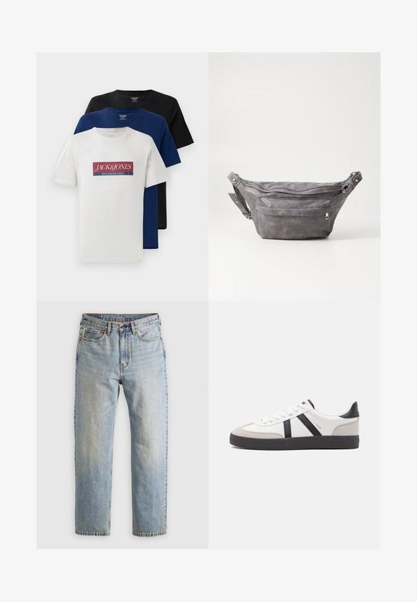 Tre staplade kortärmade T-shirts med rund hals i vitt med röd och blå logga, mörkblå och svart, visade på vit bakgrund.; Ljusblå denimjeans med hög midja, framknäppning, dragkedja och femficksdesign, placerade platt på en neutral bakgrund.; Vit sneaker med svarta och grå accenter, med en strukturerad grå tådel, svart gummisul, och platta vita skosnören. Ren design, minimalistisk stil.; Grå mockafjällsryggsäck med rundad form, två fickor med dragkedja och justerbart bälte. Har metallackenter som detaljer.