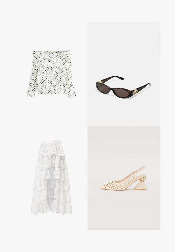 Bluză albă cu mânecă lungă, cu un design deempart de umăr, cu buline negre și o textură moale a țesăturii.; Hofmann Copenhagen EXCLUSIVE GENEVIVE - Top - off white; Fustă albă din dantelă cu un design în straturi și margini ondulate. Materialul are un model floral și o textură care creează un aspect stratificat.; Pantofii cu toc înalt, de culoare bej, clasic, cu partea superioară perforată, vârf ascuțit și un toc triangular contrastant cu un accent auriu. Textura este netedă în general.; Ochelari de soare din țiglă cu lentile ovale alungite, nuanță maro, accente cu logo auriu pe brațele laterale și brațe negre elegante.; Geantă albă cu flori, cu o suprafață din material adunat, bretea din lanț cu aspect auriu și închidere metalică. Prezintă petale texturate pentru un plus de detaliu.