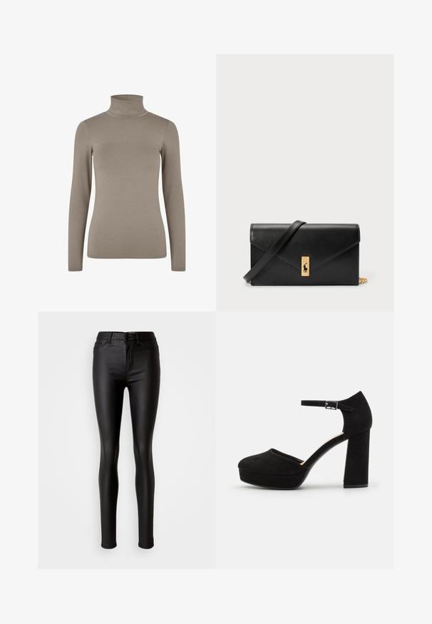 Bež turtleneck, dugi rukavi, rastezljiv rebrasti materijal, uski kroj, minimalni šavovi, mekani tekstur, pogodna za slojevito oblačenje.; Crne skinny traperice od umjetne kože s glatkom teksturom, visokim strukom, kopčanjem na gumb i tradicionalnim dizajnom s pet džepova.; Crne suede platform cipele s debljim blok petom, zaobljenim vrhom i trakama za gležnjeve učvršćenim metalnom kopčom. Cijela površina je glatka.; Crna kožna novčanica s preklopom, zlatnim hardverom i akcentom s logom. Uključuje odvojivi remen za nošenje.