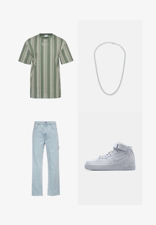 Zelené pruhované tričko z bavlny se svislými krémovými pruhy a malým bílým logem na prsou. Design s kulatým výstřihem, krátké rukávy.; Světle modré džíny s rovnými nohavicemi, které mají přední a zadní kapsy a boční cargo kapsu. Hladká textura, neformální styl.; Vysoké šedé tenisky Nike Air Force 1 s koženým svrškem, polstrovaným límcem a pásem na suchý zip. Ikonický design obsahuje perforovanou špičku.; Stříbrný kovový řetízek na krk s proplétajícími se články a bezpečným zapínáním, hladký povrch, rovnoměrné zpracování a klasický design.
