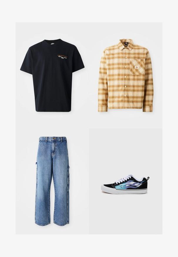 T-shirt de algodão preta com gola redonda, mangas curtas e design gráfico em branco e laranja, com a inscrição "Dickies Work Wear Since '22."; Camisa de manga longa em padrão xadrez castanho e creme, feita de tecido texturizado, com um bolso no peito e fecho de botão, apresentando uma etiqueta no bolso.; Calças de ganga cargo em azul claro, com um corte largo, apresentando bolsos laterais, uma textura desgastada e uma bainha ligeiramente desfiada.; Sneakers de camurça preta com uma sola de borracha branca. Apresentam padrões de chamas iridescentes azuis e roxas. Cadarços brancos e uma alça traseira.