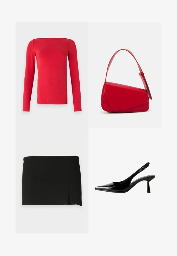 Rotes Langarmoberteil mit quadratischem Ausschnitt, aus einem glatten Stoff gefertigt. Das Design ist tailliert, mit geraden Ärmeln und einfarbig.; Schwarzer Minirock mit geradem Schnitt und einem leichten Schlitz vorne. Hergestellt aus einem glatten, elastischen Stoff für Komfort und optimale Passform.; Schwarze Lackleder Slingback-Pumps mit spitzem Zeh, ausgeschnittenen Seiten, verstellbarem Knöchelriemen und einem dünnen, eleganten Absatz.; Rote Lederhandtasche mit einem kantigen, geometrischen Design. Verfügt über einen verstellbaren Schulterriemen und einen Klappenverschluss mit genähten Details.