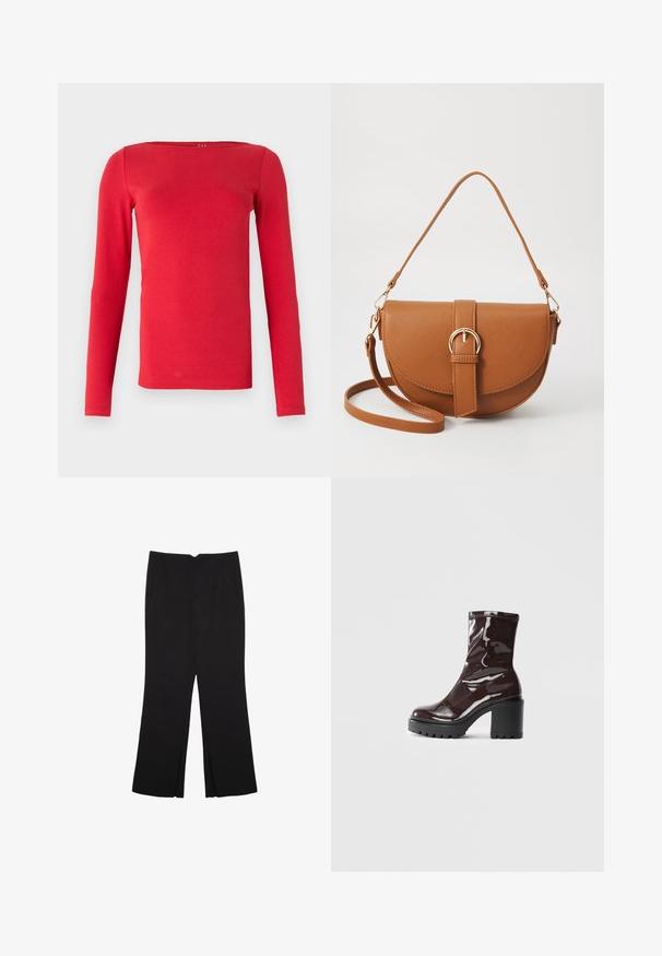 Röd långärmad topp med fyrkantig halsringning, tillverkad av ett mjukt material. Designen är figursydd, med raka ärmar och enfärgad.; Svarta byxor med rak passform, utrustade med framfickor och sidoklyvningar vid fållen. Tillverkade av mjukt, slätt tyg. Lämpliga för olika tillfällen.; Glansig bordeauxfärgad ankelsko med en kraftig svart klack, som har en slät yta och enkel design. Inga synliga stängningar eller mönster.; Brun läder crossbody-väska med en böjd form, gyllene detaljer och en spänneaccent. Har en avtagbar axelrem.