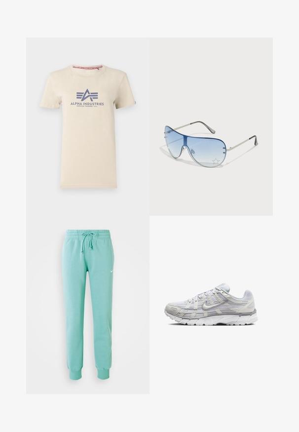 Šviesiai rudos spalvos medvilninė marškinėliai trumpomis rankovėmis, su tamsiai mėlynu "Alpha Industries" logotipu ir raudonu žymekliu ant apykaklės.; Mėtyni žalios spalvos sportinės kelnės su elastinga juosta, raišteliu ir raukinėtais rankogaliais. Kairiajame šlaunyje yra mažas baltas Nike logotipas.; Šviesiai pilki sportiniai batai su tinkline ir sintetine viršutine dalimi, turintys raištelių užsegimą, paminkštintą apykaklę ir tekstūruotą padą geresnei sukibimo kokybei.; Aviatoriai akiniai su gradientiniais mėlynais objektyvais, sidabriniu metaliniu rėmu ir dekoratyvinėmis žvaigždžių akcentais ant objektyvų. Lygaus ir stilingo dizaino.; Sidabriniai auskarai žiedai su lygiu, poliruotu paviršiumi ir plonu, apvaliu formatu. Dizainas turi saugų užsegimą.