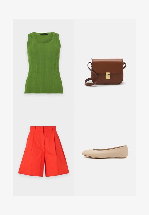 Grøn ribbet tanktop med rund halsudskæring og brede stropper. Fremstillet af et struktureret strikmateriale. Den tætsiddende kropsform fremhæver silhuetten.; Røde bomuldsshorts med høj talje, med plisseringer og en bred silhuet. Glat tekstur og rene linjer. Ingen lommer eller udsmykninger.; Beige læder balletflade med afrundet tå, minimal sømdetaljering, lav hæl og subtilt logo på bagsiden. Glat, mat tekstur.; Brun læder håndtaske med flaplukning, hardware i gyldent tone, en skulderrem og en glat overflade. Kompakt rektangulær form.