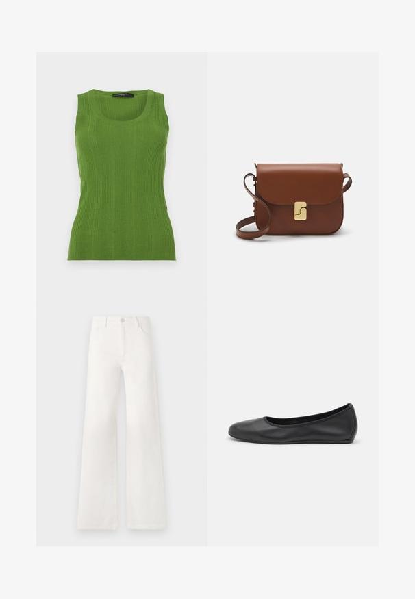 Top a canotta verde a coste con scollatura rotonda e spalline larghe. Realizzato in un materiale in maglia testurizzata. La forma aderente del corpo esalta la silhouette.; Jeans bianchi a vita alta e gamba larga realizzati in denim. Presentano una chiusura con bottone, due tasche anteriori e cuciture decorative nei lati.; Pantofole da balletto nere in pelle con punta arrotondata, texture liscia, dettagli di cucitura minimi e design con suola flessibile.; Borsa a tracolla in pelle marrone con chiusura a pattina, hardware color oro, tracolla e una finitura liscia. Forma rettangolare compatta.