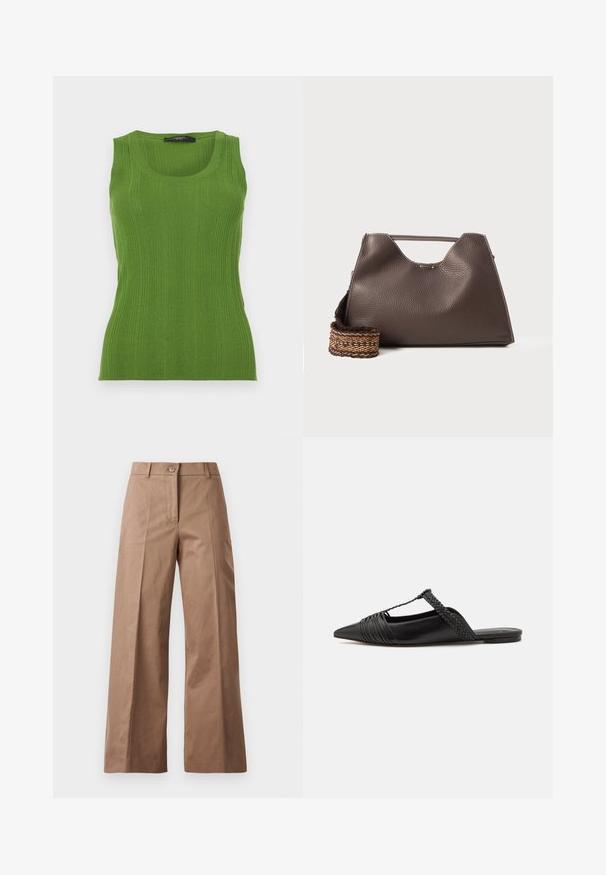 Zöld csíkos ujjatlan felső kerek nyakkivágással és széles pántokkal. Texturált kötött anyagból készült. A testhez álló fazon kiemeli a sziluettet.; Barna, bőszárú nadrág sima anyagból, elülső gombos zárással, két elülső zsebbel és tiszta, szabott vonalakkal.; Fekete bőr slingback cipő hegyes orral, szőtt díszítéssel és redőzött felső dizájnnal. Lapos talp minimális hardverrel.; Barna bőr kézi táska texturált felülettel, szögletes dizájnnal és jellegzetes felső fogantyúval. Mintás szőtt vállpánttal rendelkezik.