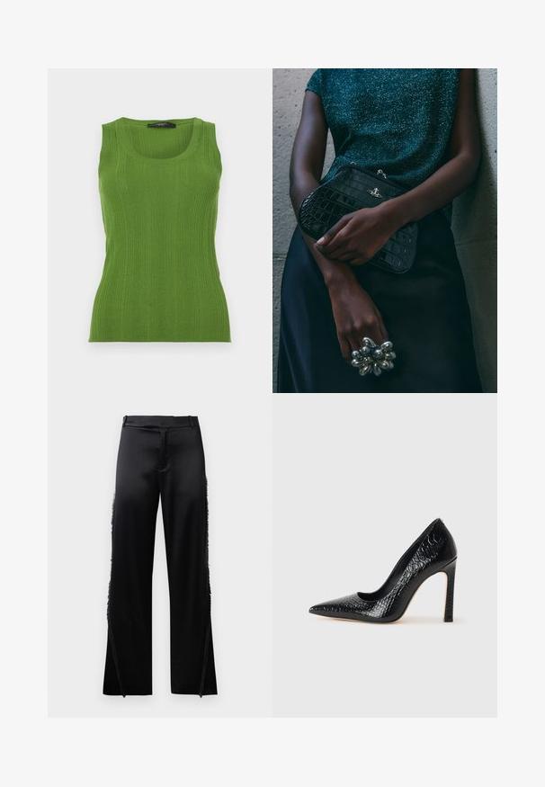 Roheline sooniktop, millel on ümmargune kaelus ja laiad soonikute sääred. Valmistatud tekstuurist kudumismaterjalist. Sobiv keha kuju toob esile siluetti.; Mustad satiinpüksid laia säärega, mille külgseintel on fruuride detailid ja lame talje. Seljaosa on lihtne, ilma taskuteta.; Mustan teravaotsaga kõrge kontsaga king, millel on krokodillimustriga tekstuur, stiilne disain, kõrge stilettokonts ja sile must sisesisustus.; Must musta tihe-must reptiili nahast pidulik kott hõbedaste detailidega, mille taustal on tekstuuriline hall taust. Omab läikivat pinda.