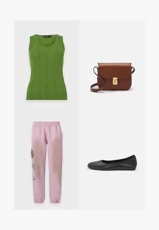 Top de tirantes verde acanalado con un escote redondo y tirantes anchos. Fabricado en un material de punto texturizado. La forma ajustada del cuerpo realza la silueta.; Pantalones de chándal rosas con cintura elástica, que presentan parches decorativos en forma de diamante en el lado izquierdo y puños elásticos en los tobillos.; Bailarina de piel negra con punta redondeada, textura suave, detalle de costura minimalista y diseño de suela flexible.; Bolso de mano de cuero marrón con cierre de solapa, herrajes en tono dorado, correa para el hombro y una textura suave. Forma rectangular compacta.