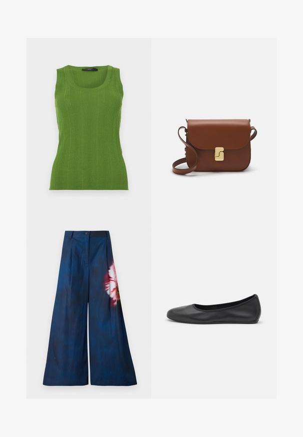 Green ribbed tank top with a round neckline and wide straps. Made from a textured knit material. Fitted body shape enhances silhouette.; Wide-leg trousers in dark navy fabric, featuring a floral print in pink and yellow on one side, with a button closure at the waist.; Black leather ballet flat with a rounded toe, smooth texture, minimal stitching detail, and a flexible sole design.; Brown leather handbag with a flap closure, gold-tone hardware, a shoulder strap, and a smooth texture. Compact rectangular shape.