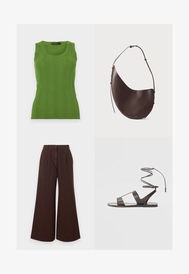 Zelený žebrovaný top s kulatým výstřihem a širokými ramínky. Vyrobeno z texturovaného pleteného materiálu. Přiléhavý střih zvýrazňuje siluetu.; Hnědé kalhoty s vysokým pasem, širokými nohavicemi, zapínáním na knoflík a zip, poutky na pásek a předními sklady.; Hnědé kožené sandály s plochou podrážkou, minimalistickým designem, zakřiveným páskem kolem kotníku a několika prořezy pro prodyšnost.; Hnědá kožená kabelka s zakřiveným tvarem, jedním popruhem a minimalistickým designem. Obsahuje nenápadné logo a zlaté kovové prvky.