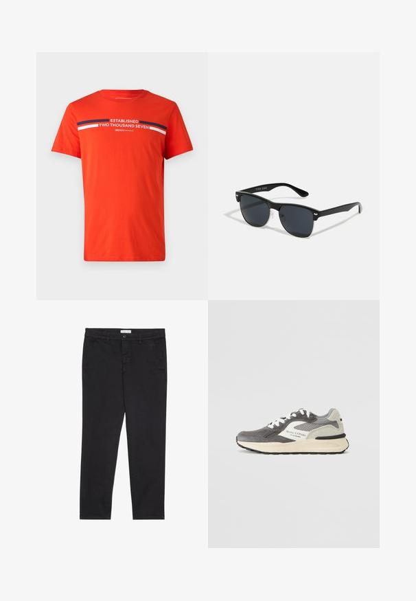 Punane puuvillane T-särk lühikeste varrukatega, ümar kaelus ning ees oleva prindiga, kus on kirjas "RAKENDATUD KAKS TUHAT SEITSE" valgete ja siniste triipudega.; Mustad puuvillased püksid kitsas lõikes, millel on kaks külgtaskut ja ees klõpsuga kinnitamine. Tekstuuriga kangas, millel on peened detailid.; Meeste jooksujalats, millel on halli nahka ja võrgust segu, valged aktsendid, must kummist välistald ja kõrval logo detail.; Mustad mustmikrooni kujuga mustad prillid, tumedate klaasidega, hõbedased detailid templite juures ja mati viimistlusega raam.