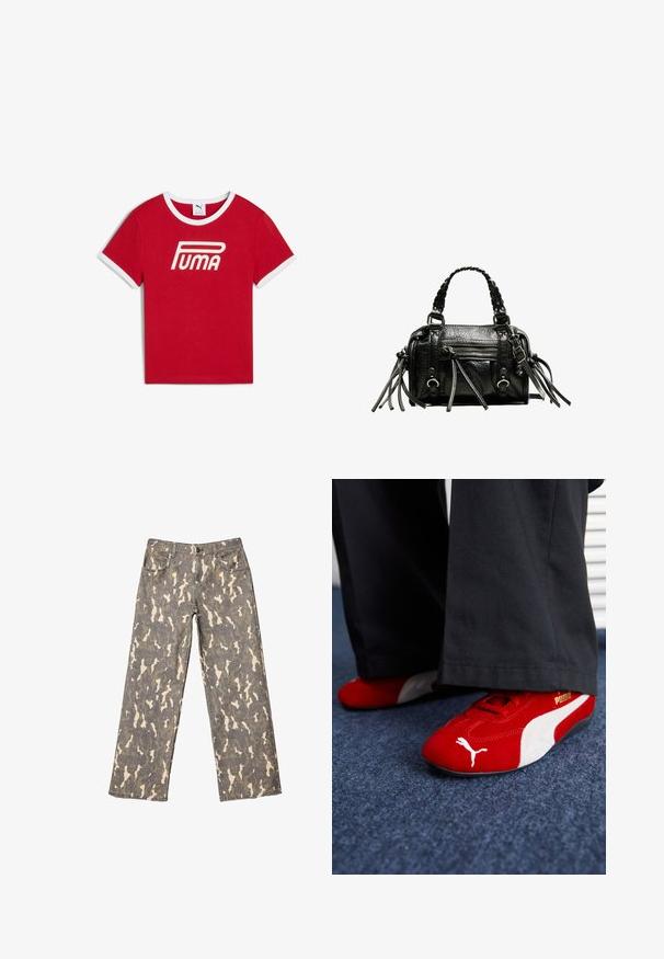 Red cotton t-shirt with white ribbed collar and sleeve edges, featuring a prominent white "PUMA" logo across the front.; Wide-leg jeans with gray, beige, and brown camouflage pattern, front pockets, belt loops, and button closure.; Red suede sneakers with white accents, featuring textured material, round toe, and a gold logo on the side, worn with black pants.; Black leather handbag with braided handles, textured surface, zippered front pocket, and decorative fringe accents. Compact and structured shape.