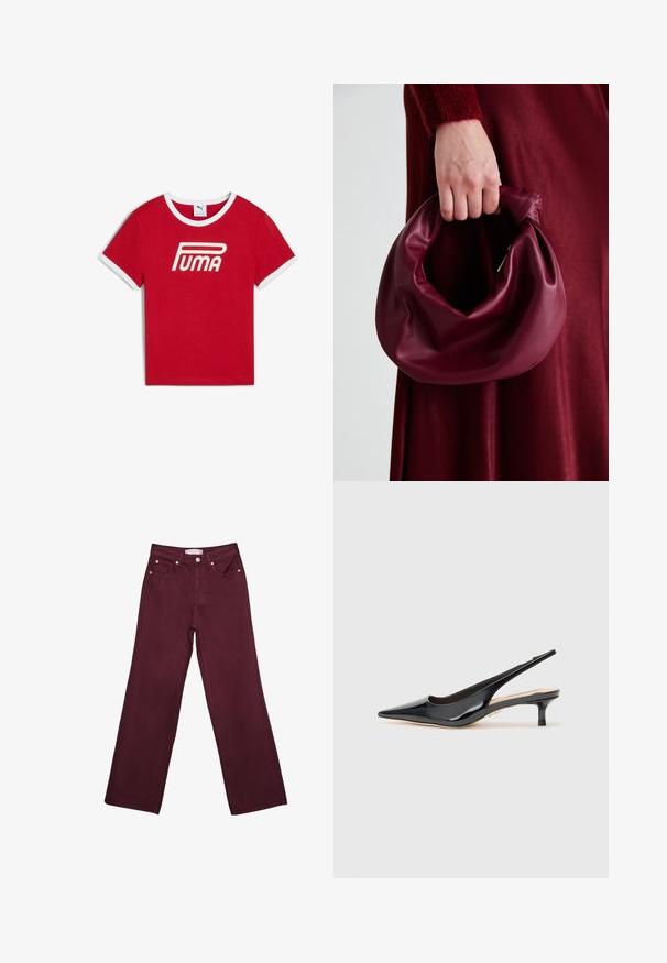 Rød bomulds T-shirt med hvid ribkant ved kraven og ærmeenderne, med et fremtrædende hvidt "PUMA" logo på forsiden.; Bordeaux højtaljede jeans med lige ben-design, der har forlommer, en knaplukning og hardware-detaljer i kobberfarve.; Sort patentlæder slingback hæl med spids tå og en slank hæl i mellemhøjde. Glat tekstur med minimalistiske designelementer.; Bordeaux læderhåndtaske med et blødt, samlet design og en rund form. Håndtaget er sikret og viser en glat tekstur.