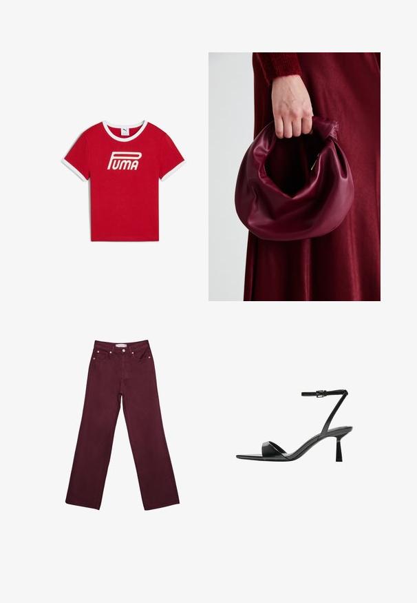 Rød bomulds T-shirt med hvid ribkant ved kraven og ærmeenderne, med et fremtrædende hvidt "PUMA" logo på forsiden.; Bordeaux højtaljede jeans med lige ben-design, der har forlommer, en knaplukning og hardware-detaljer i kobberfarve.; Bershka Højhælede sandaletter / Højhælede sandaler - black; Bordeaux læderhåndtaske med et blødt, samlet design og en rund form. Håndtaget er sikret og viser en glat tekstur.