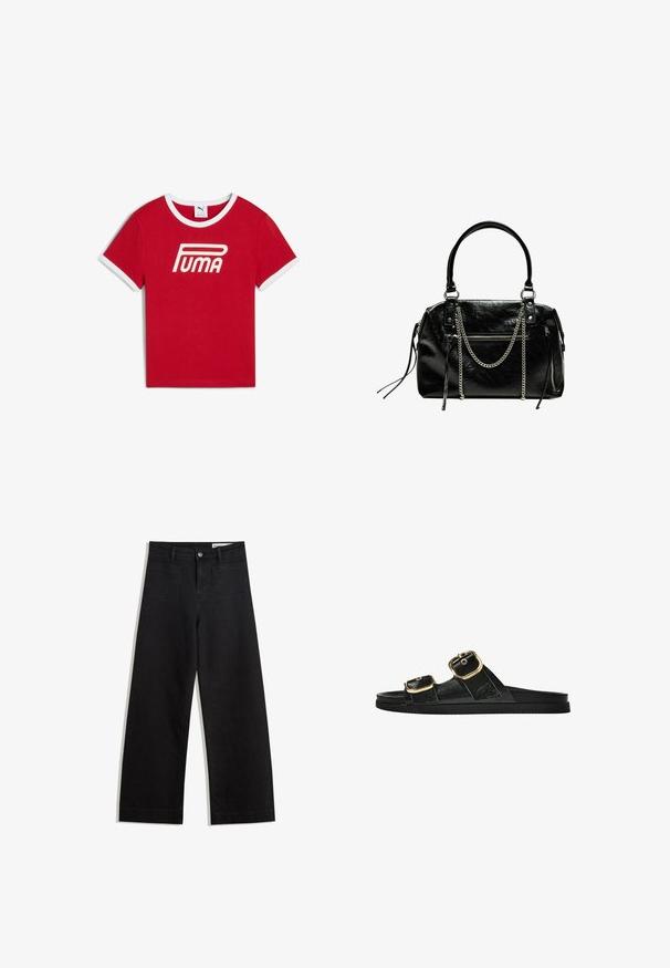 Piros pamut póló fehér bordás gallérral és ujjszéllel, a mellkasán egy feltűnő fehér "PUMA" logóval.; Fekete, bő szabású farmernadrág magas derékkal, elülső és hátsó zsebekkel, varrott felületekkel és gombos záródással. Sima textúra.; Fekete csúszó szandál, két arany csattal, sima textúrájú anyagból, lapos talppal és minimalista dizájnnal.; Bershka WITH CHAIN - Kézitáska - black