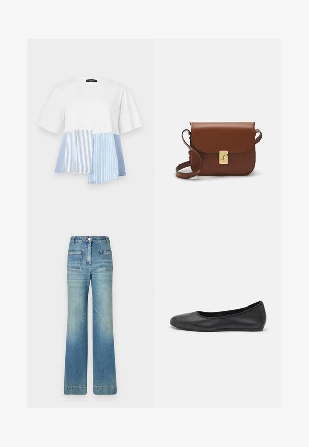 WEEKEND MaxMara BIRD - Print T-shirt - white; Light blue denim flared jeans with five pockets, belt loops, button closure, and a slightly faded texture, featuring a red logo detail on the back.; Black leather ballet flat with a rounded toe, smooth texture, minimal stitching detail, and a flexible sole design.; Brown leather handbag with a flap closure, gold-tone hardware, a shoulder strap, and a smooth texture. Compact rectangular shape.