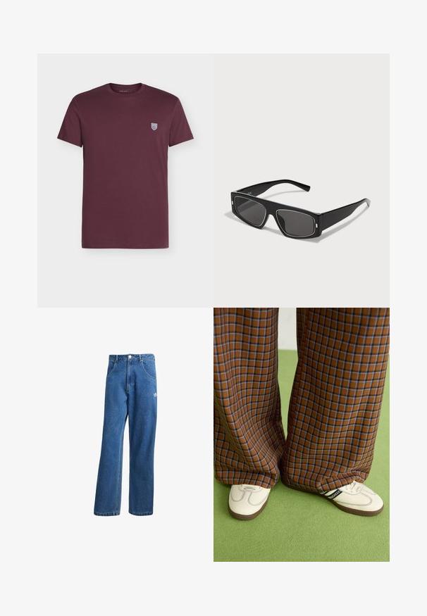 Maglietta bordeaux in cotone con scollo rotondo, maniche corte e un piccolo logo a scudo bianco sul lato sinistro del petto.; Jeans di denim a vita alta e gamba larga blu, con tasche frontali, passanti per cintura, chiusura a bottone e piccolo logo Adidas sulla coscia destra.; Pantaloni a pieghe larghi a quadri marroni e blu abbinati a scarpe bianche con dettagli neri e suole testurizzate, posizionati su uno sfondo verde.; Occhiali da sole neri con montatura rettangolare, caratterizzati da sottili accenti argentati attorno alle lenti e templi dritti e larghi. Le lenti sono scure.; Collana di perle bianche con forma rotonda uniforme, superficie liscia e chiusura in metallo con catena di estensione per lunghezza regolabile.