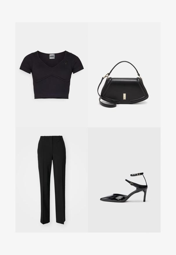 Černý strukturální crop top s krátkými rukávy, výstřihem do V a zakřivenými švy. Obsahuje malé trojúhelníkové logo na levém rameni.; Černé kalhoty na míru se střihem do rovna, které mají hladkou texturu a ostré sklady na přední straně. Bez viditelného kování.; Černé lakované kožené lodičky s špičatou špičkou, nastavitelnými nártními pásky a štíhlým podpatkem. Hladký povrch s lesklým povrchem.; Černá kožená kabelka se strukturovaným designem, jejíž tvar je zkrácený, má horní rukojeť a zlaté kovové detaily. Součástí je i nastavitelný ramenní popruh.