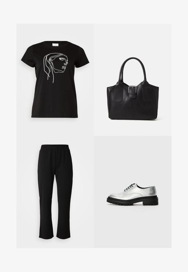ONLY Carmakoma CARCILLE LADY - Apdrukāts T-krekls - black; ONLY Carmakoma CARLAMA STRAIGHT - Auduma bikses - black; Sudraba ādas oksfordas apavi ar apaļu purngalu, melnu gumijas zoli un melnu auklu. Iezīmē minimālu šķīvju detaļu gar malām.; Melnas ādas somiņa ar gludu tekstūru, strukturētu formu, divām rokturām un izteiktu sudraba sprādzi priekšpusē.