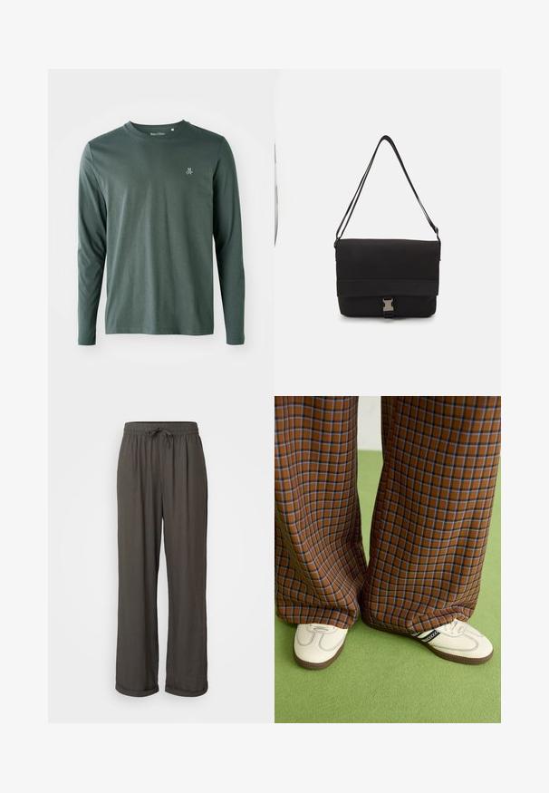 Tume roheline puuvillane pikkade varrukatega särk ümmarguse kaelusega, peene tekstuuriga ja väikese valge "M OP" logoga vasakul rinnal.; Tumedat hallid laiad püksid nööriga vööl, valmistatud pehmest, tekstuuriga kangast, millel on pahkluu juures keeratud kraed.; Pruunide ja siniste ruuduliste laiad püksid, mille juurde on kombineeritud valged kingad mustade aktsentidega ja tekstuursete taldadega, roheline taust.; Mustmust kärjer, mis on valmistatud siledast materjalist, fold-over klapiga, hõbedaste kinnitustega ja reguleeritava õlarihmaga.