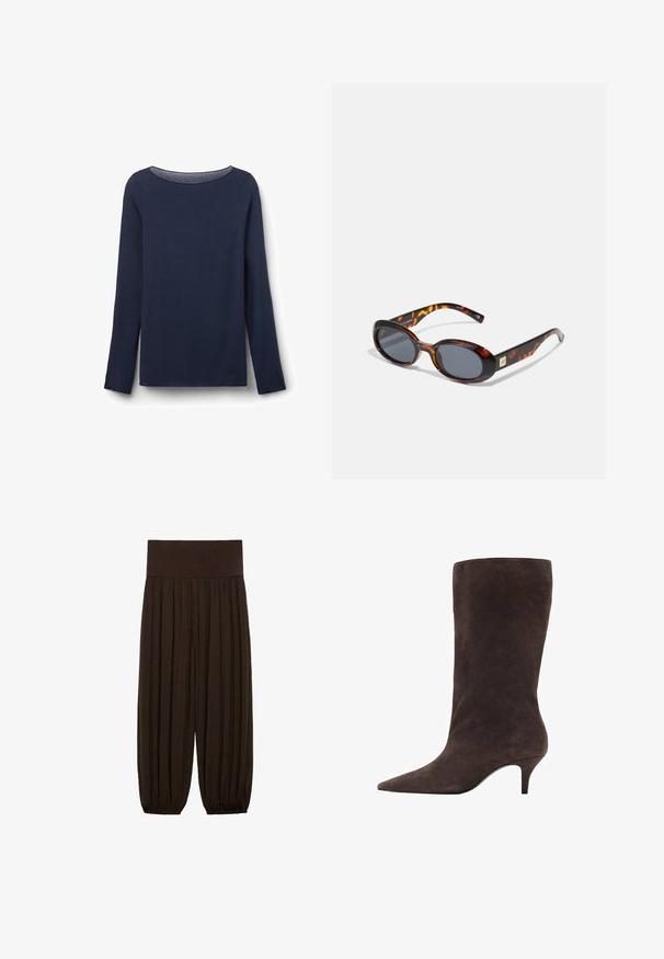 Langærmet marineblå top lavet af blød stof, med en rund halsudskæring og en afslappet pasform. Kantene på kanten og ærmerne er pænt afsluttet.; Brune plisserede bukser med en bred, elastisk talje. Stoffet er let og tekstureret med indsamlede sømme ved benens afslutninger.; Brun ruskind støvle til knæhøjde med spids tå og mellem høj hæl, der har en glat tekstur og elegant design.; Brune skildpaddemønstret solbriller med ovale linser og mørkegrå toning. Har en guldfarvet accent på stængerne. Glat plastoverflade.; Rød læder hobo-taske med et bredt, slouchy design og en stor åbning, der har en subtil tekstur og et præg af logoet på forsiden.