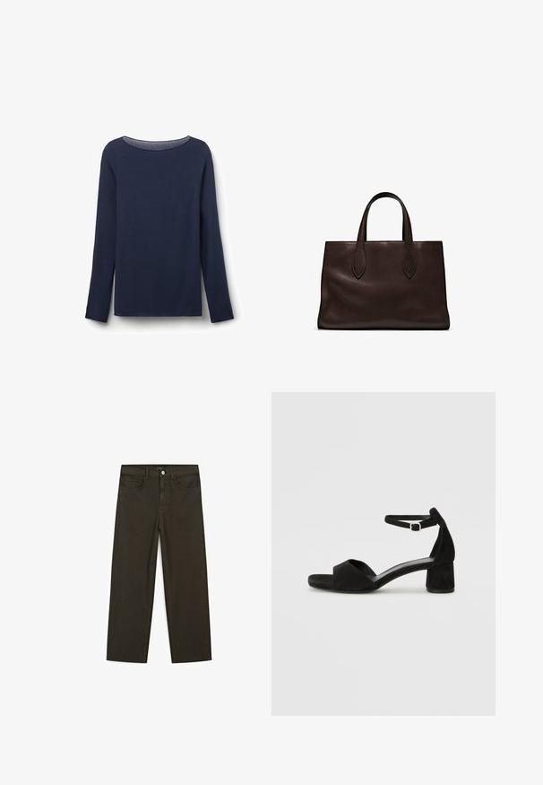 Dlouhý rukáv, námořnický modrý top vyrobený z měkké látky, s kulatým výstřihem a volným střihem. Spodní okraj a okraje rukávů jsou pečlivě sešity.; Tmavě zelené široké džínsy vyrobené z bavlněné směsi, s předním zapínáním na knoflík, pěti kapsami a klasickým denimovým stehem.; Černé sametové sandály na podpatku s tenkým řemínkem kolem kotníku, otevřenou špičkou a skromným blokovým podpatkem. Hladká textura a minimální akcenty.; Hnědá kožená taška přes rameno s dvěma dlouhými uchy, strukturální obdélníkový tvar, hladká textura a jemné švy.