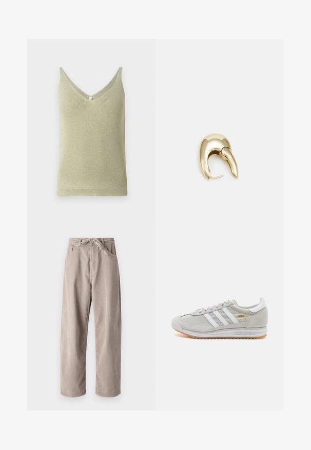 Heled roheline kudumistu tank top V-kaelusega ja kerge soonilise tekstuuriga. Õlavarreta disain, sirge äär ja nähtamatu riistvara.; Beige kammkootud püksid, millel on mugav lõige, paelaga vöökoht, kaks eesmist taskut ja vertikaalne soonik tekstuur.; Heled hallid tossud, mis on valmistatud nubukist ja võrgust, millel on kolm valget triipu, ümmargune varvas ja kummist tald. Kuldne logoelement paelte lähedal.; Kuldtooni metallist kõrvarõngas, millel on elegantne ja kaarjas disain. Omab silmapaistvat teravat kuju, poleeritud pinda ja hingesulgemist.