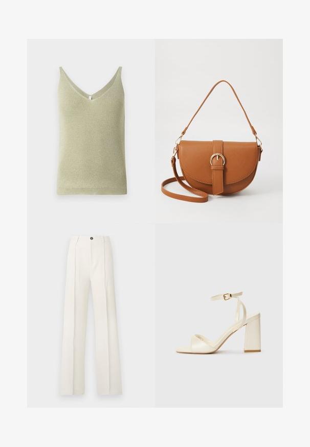 Light green knitted tank top with a V-neckline and subtle ribbed texture. Sleeveless design, straight hem, and no visible hardware.; White, wide-leg trousers with a high waist, featuring two front pleats, a single button closure, and pockets. Smooth fabric texture.; Cream-colored heeled sandals with an open toe, thick block heel, thin ankle strap, and subtle sheen finish. Buckle accent on strap.; Brown leather crossbody bag with a curved shape, gold hardware, and a buckle accent. Features a detachable shoulder strap.