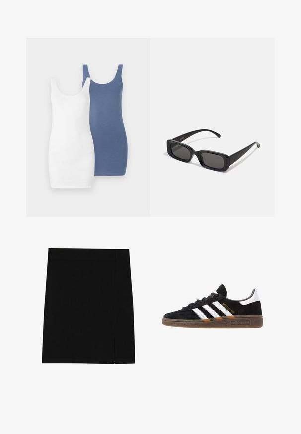 Dos vestidos tipo tanque, uno blanco y uno azul, hechos de una tela suave y elástica, con escote en forma de scoop y una silueta ajustada.; Mini falda negra de tejido suave con un diseño ajustado, que presenta una ligera abertura en el costado para mayor detalle.; Zapatilla negra de Adidas con franjas blancas, texto dorado "Spezial", suela de goma y talón blanco, mostrada en vista lateral.; Gafas de sol rectangulares negras con lentes oscuros, acabado brillante, patillas anchas y un diseño de marco robusto. Nombre de la marca grabado en una de las patillas.; Bolso de mano de cuero blanco con un cierre en tono dorado, detalles en negro, un asa de hombro desmontable y un diseño estructurado con cierre de solapa.