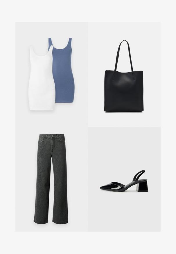 Du karnavalo sukneles, viena balta ir viena mėlyna, pagamintos iš minkštos, tempimo audinio su apvalia iškirpte ir prigludusia forma.; Platus džinsai tamsiai pilkoje denimo medžiagoje, su subtiliu zebro rašto tekstūra, kontrastinėmis siūlėmis ir penkių kišenių dizainu su mygtukiniu užsegimu.; Juodos lakuotos odinės šlepetės su smailiu pirštu ir geometriniu bloko kulnu. Turi elegantišką, minimalistinį dizainą ir lygų paviršių.; Juodas odinis tote krepšys su lygia tekstūra, stačiakampio formos ir dviem ilgais rankenomis. Matomų metalinių detalių ar puošybos nėra.