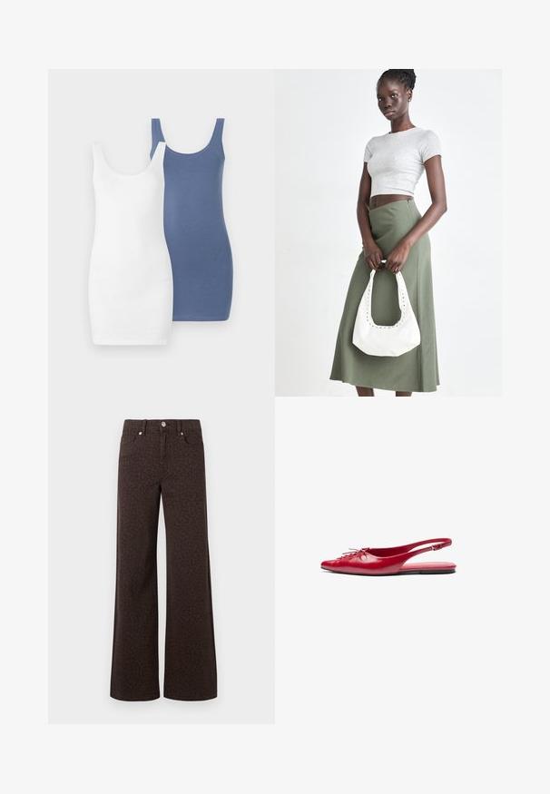 Dvoje šatových šiat, jedny biele a jedny modré, vyrobené z mäkkého, elastického materiálu s okrúhlym výstrihom a priliehavým strihom.; Hnedé nohavice s širokými nohavicami s jemným vzorom leopardíka, vyrobené z denimu s hladkou textúrou a klasickým dizajnom piatich vreciek.; Červené kožené slingback ploché topánky s š piatym prstom a dekoračným šnurovaním vpredu, s úzkym členkovým pásom a plochou podrážkou.; Sivý pruhovaný crop top a olivovo zelená sukňa s vysokým pásom. Model drží bielu ramennú tašku s vyrezávanými detailmi. Jednoduchý dizajn, priliehavý strih.